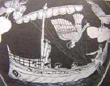  Корабль Одиссея и сирены. Фрагмент росписи краснофигурного стамноса. Ок. 475 до н.э. Лондон. Британский музей.